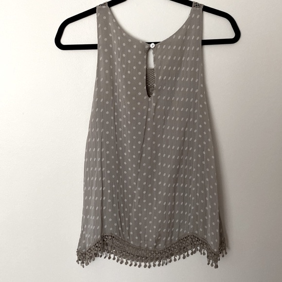 Carla Conti tan polka dot silk tank top with cotton lining and fringe - Picture 2 of 6